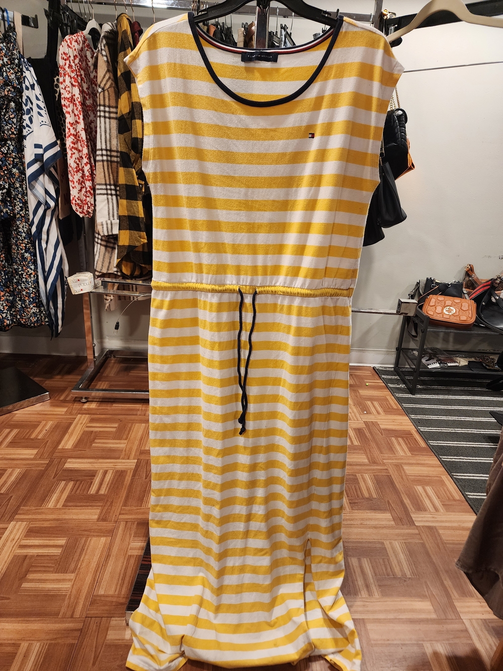 Tommy Hilfiger Yellow & White Striped Women’s Drawstring Maxi Dress
